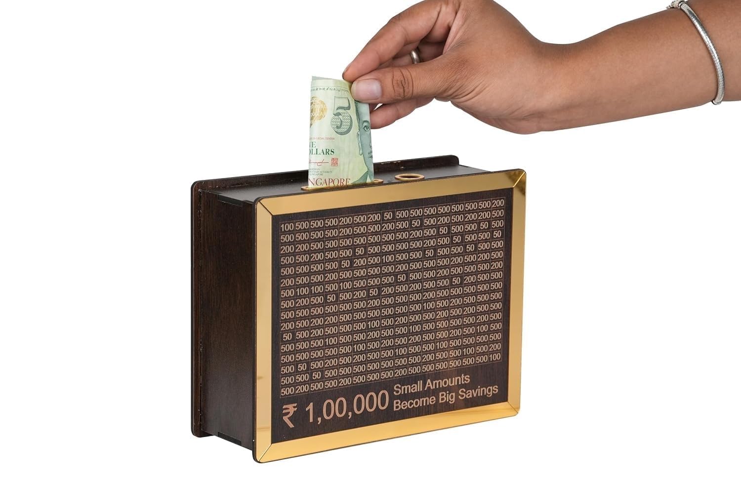 Anjani Crafts Money Bank with Educational Savings Chart, Golden Metallic Finish, 1,00,000 Small Amount Tracker, Early Financial Learning Bank-image-2
