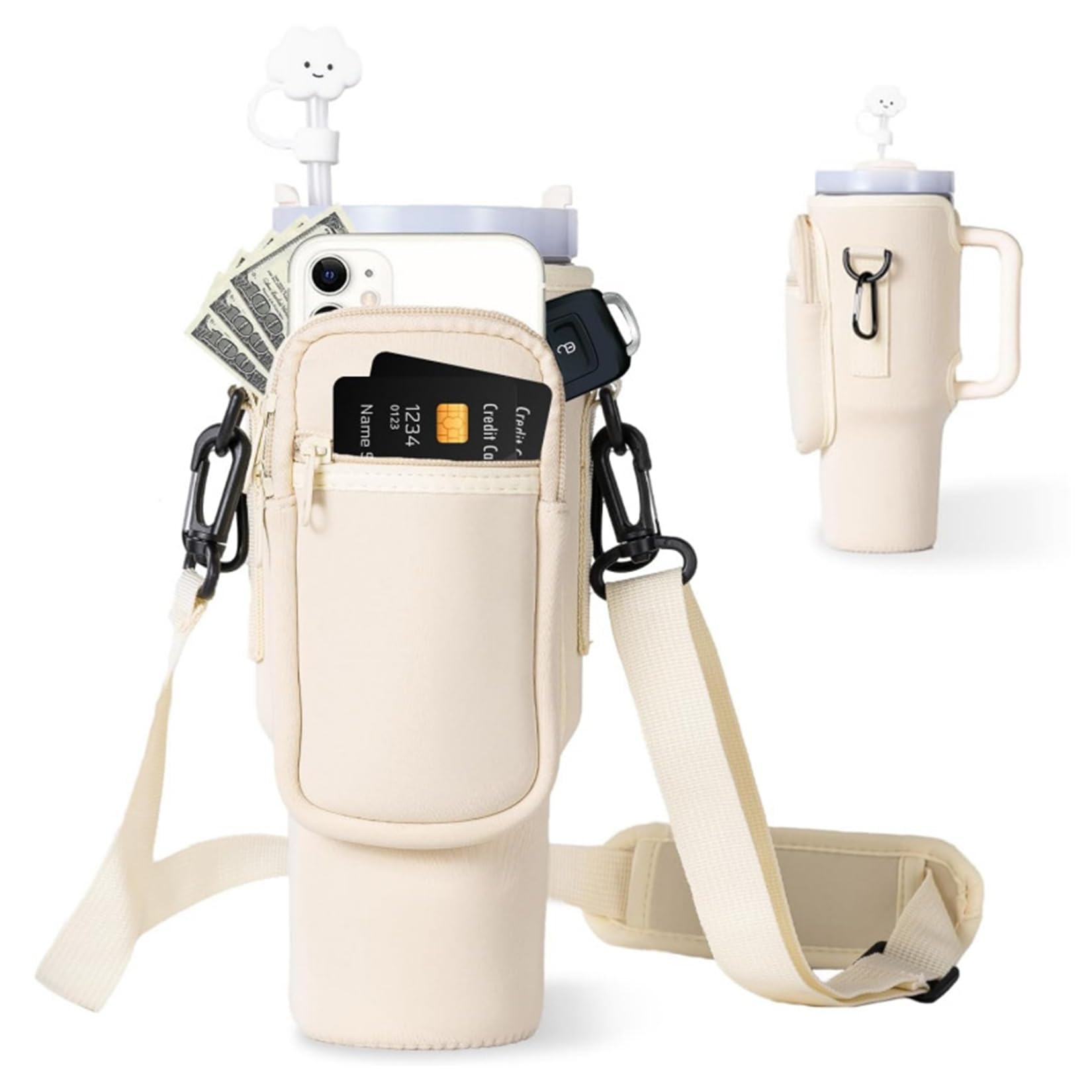 Zouboto Borsa Portabottiglie Per Stanley Cup 40 Oz – Neoprene Con Tasca Per Cellulare, Tracolla Regolabile, Beige, Per Escursioni E Viaggi - 3