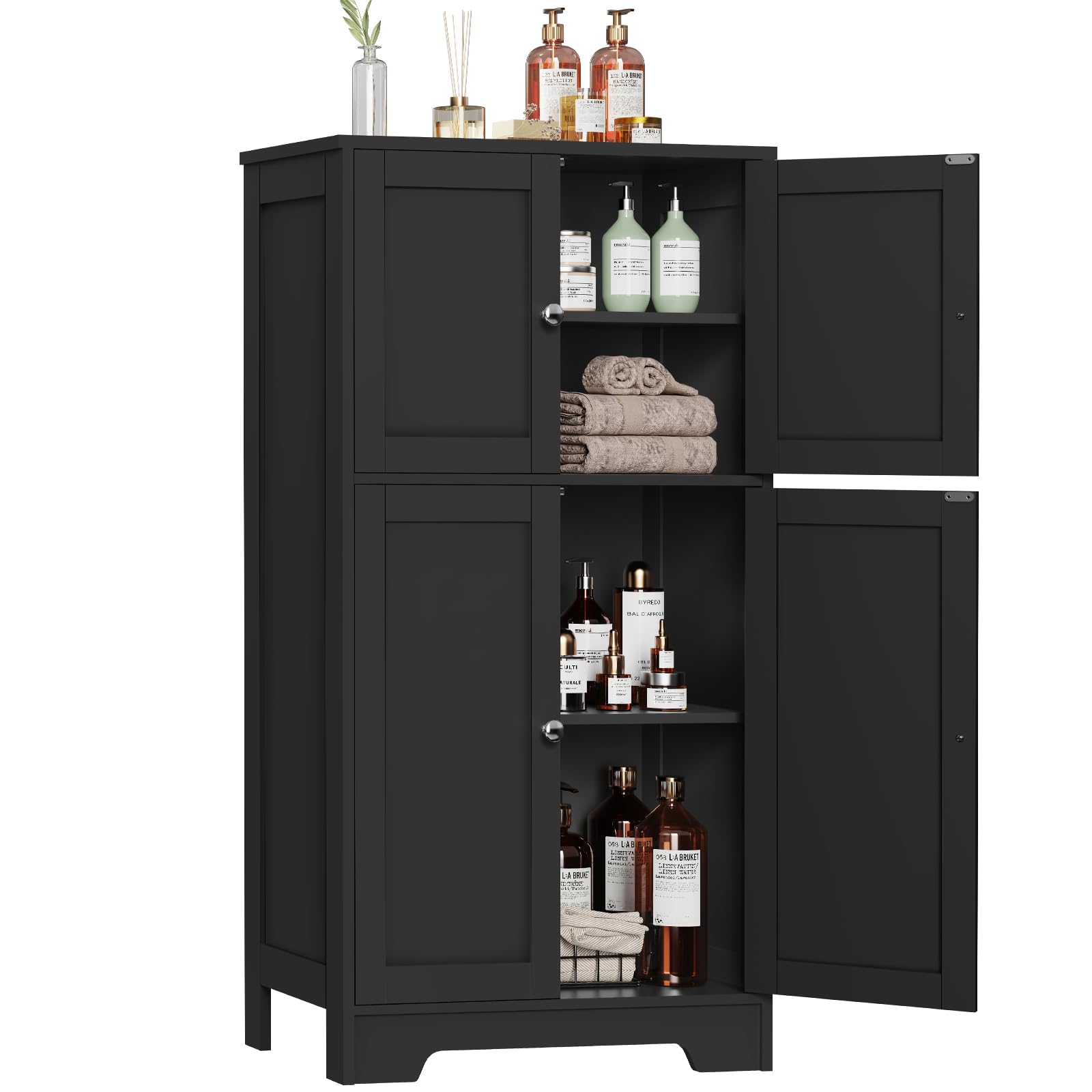 Iwell Storage Cabinet with 2 Adjustable Shelves & 4 Doors, Bathroom Storage Cabinet, Cupboard for Living Room, Entryway, Home Office, Black
