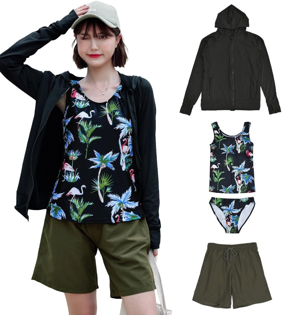 [Teddy] 水着 レディース 体型カバー タンキニ 長袖ラッシュガード ブラトップ ショーツ ショートパンツ 4点セット hys2327