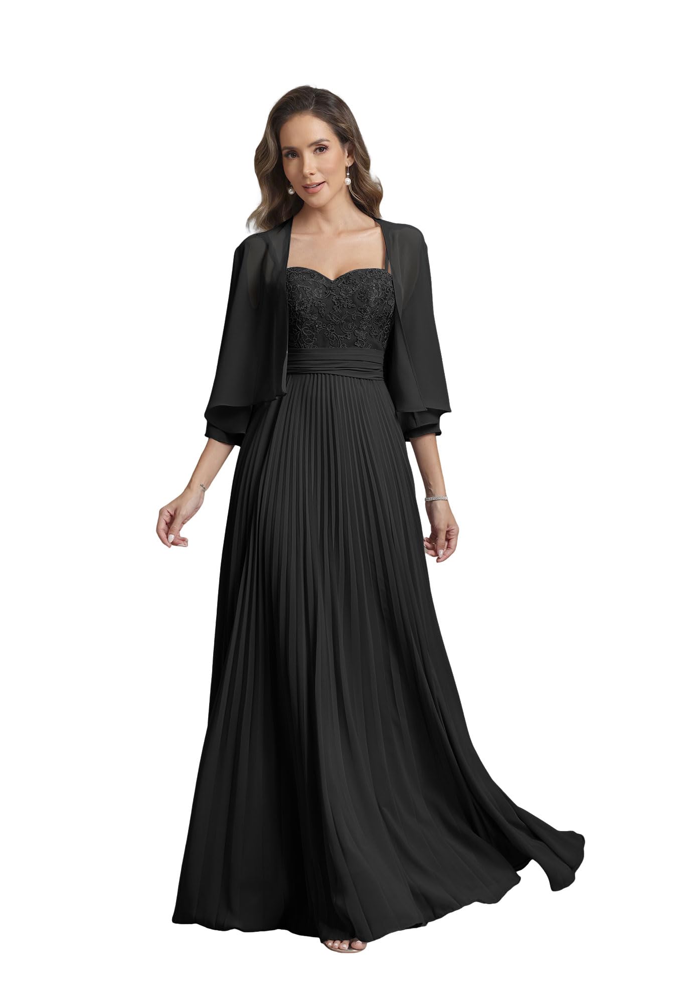 Lace Pleated Mother of Bride Dresses with Jacket Long Sleeve Chiffon Formal Wedding Guest Dress Party Gowns