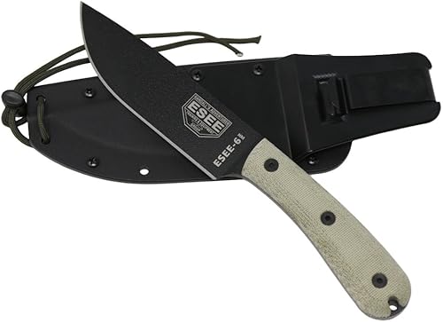 Miniatura 3 de ESEE -6HM Cuchillo de supervivencia de hoja fija, acero al carbono 1095, mango redondo modificado, fabricado en Estados Unidos (funda Kydex negra
