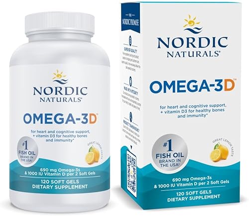 Nordic Naturals Omega-3D sabor a limón 120 geles suaves 690 mg de Omega-3 1000 IU de vitamina D3 - Aceite de pescado - EPA y DHA - Apoyo