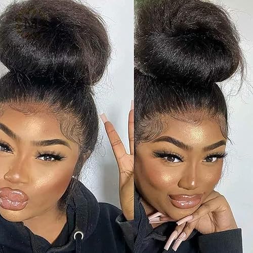Kinky Straight Hair Wig 360 HD Transparent Lace Front Wig Human Hair Wigs 150% Density Yaki Straight Human Hair Wig for Women Full End Glueless Brazilian Hair 360 HD Lace Wig 22 inch