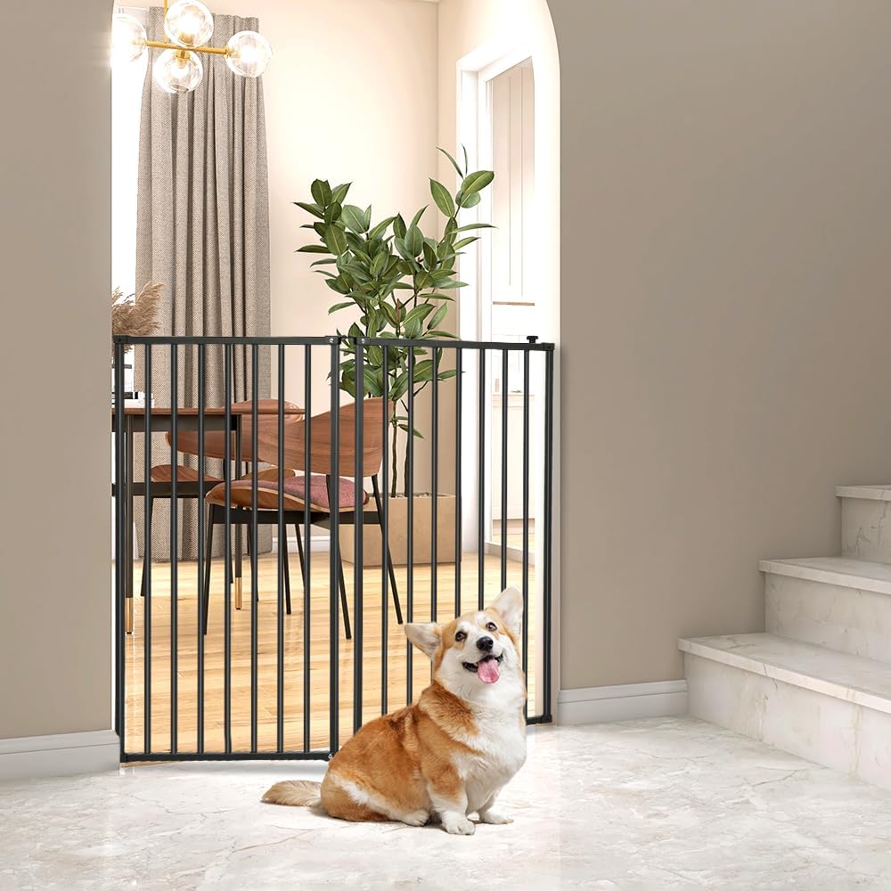 2 Panels Metal Freestanding Dog Gates with Door,40''W Detachable Foldable Dog Fence Indoor Outdoor Puppy Gate, 32''H Free Standing Tall Pet Gate for Doorways,House,Stairs,Porch,Deck,Yard 2 panels 2.0