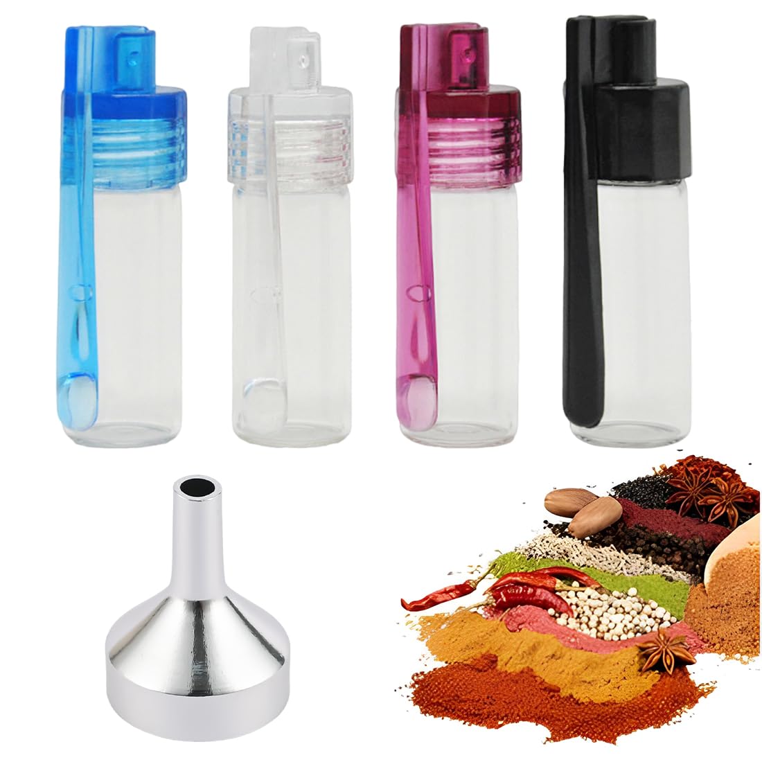 WUSJCOF Set di 4 pezzi a tenuta stagna e impermeabile,mini bottiglie per spezie e polveri con cucchiaio dosatore,piccola bottiglia con mini imbuto e cucchiaio Sniffer,portatile integrata per esterni
