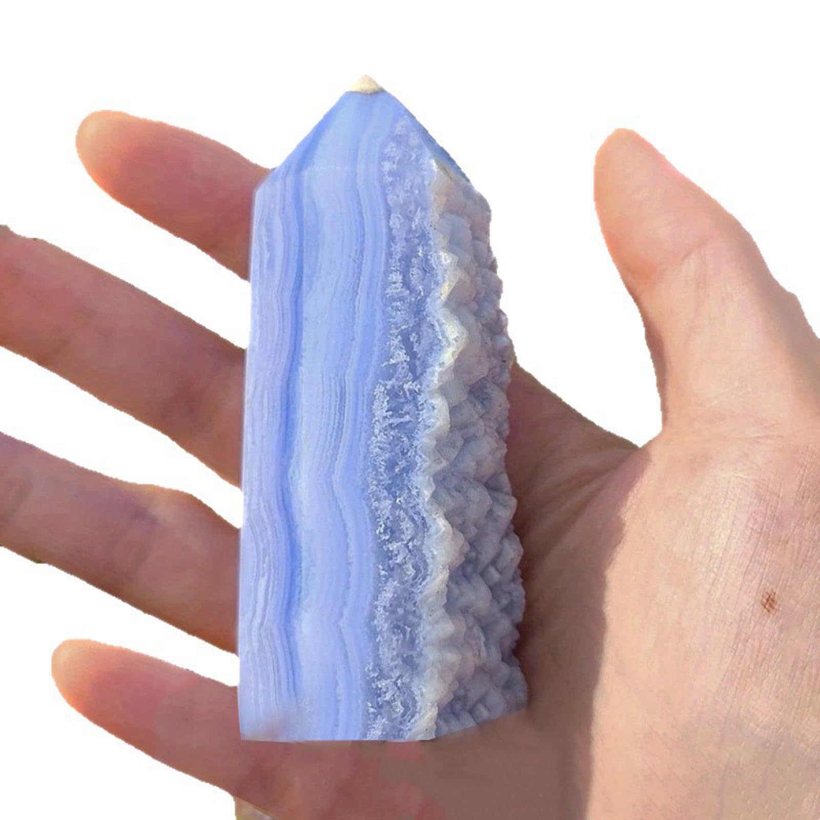 Hhhxkkuo Natural Blue Lace Agate 4-Sided Obelisk Crystal Tower