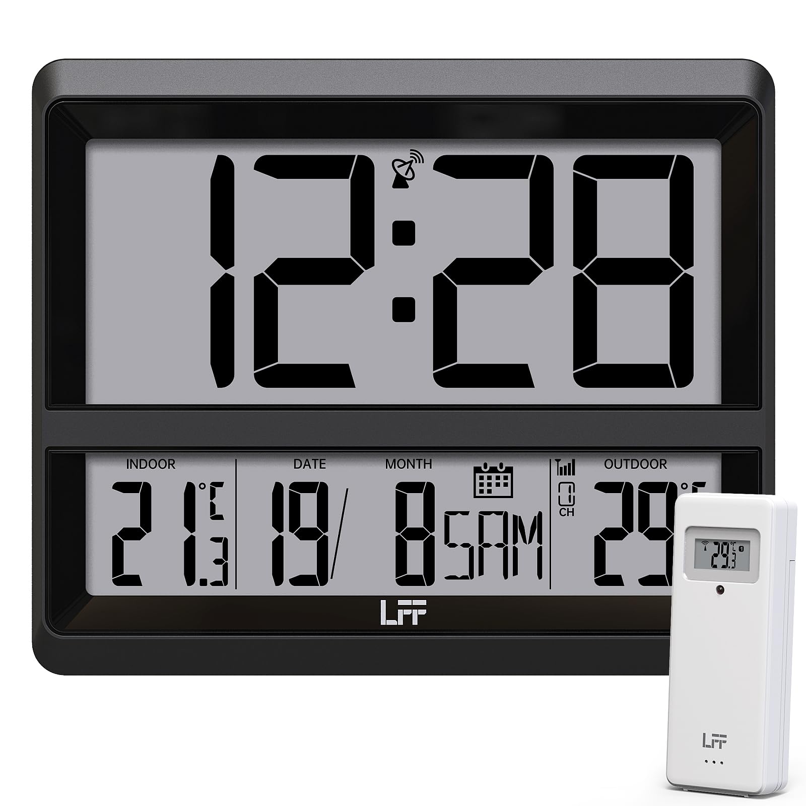 LFF Atomuhr, Digitale Wanduhr mit Temperatur Datum Innen Außen, Drahtloser Außensensor, Akkubetriebene Digitale Funkuhr mit Wecker für Schlafzimmer, Leicht Ablesbar, Schwarz