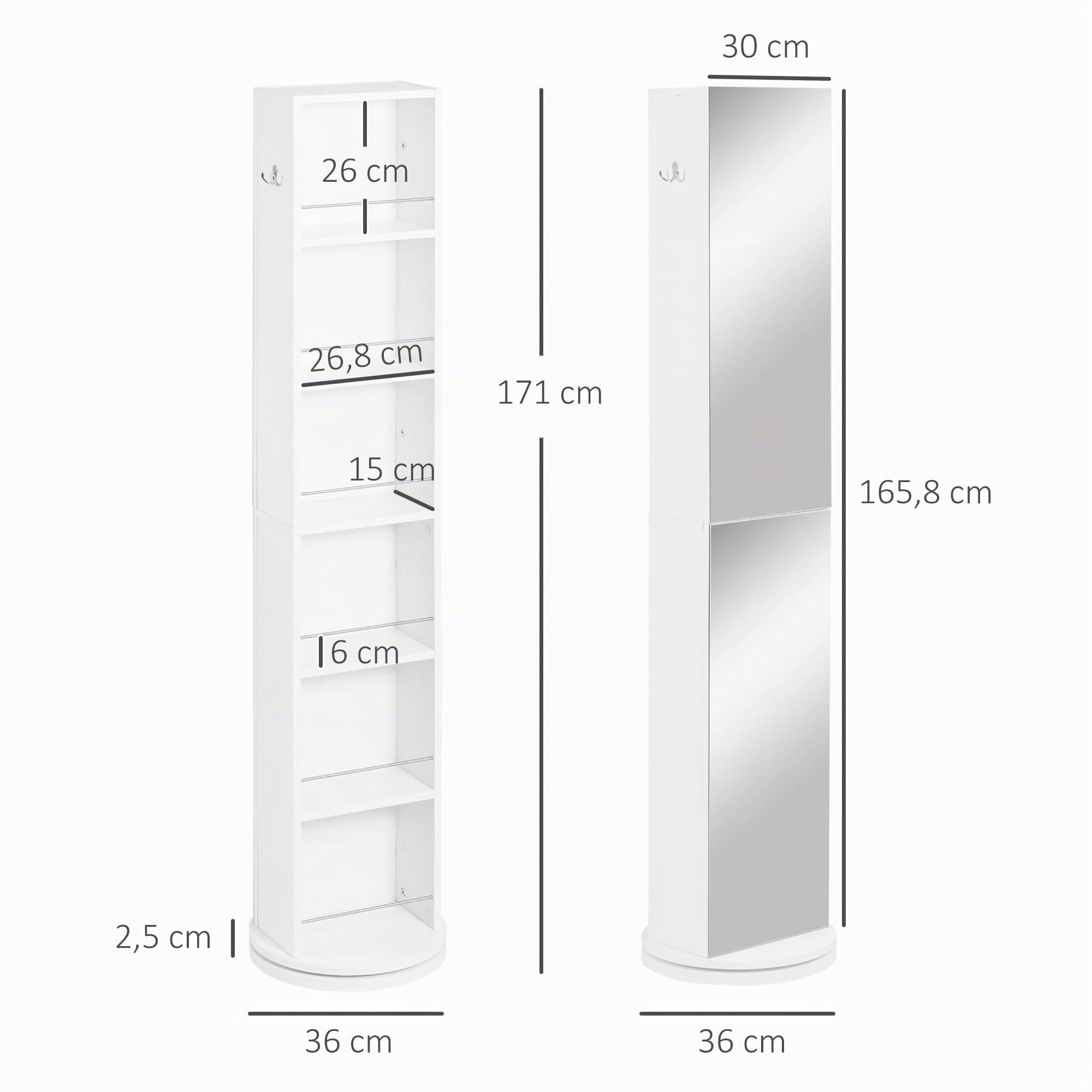 kleankin Drehbarer Badezimmer-Säulenschrank 36x36x171 cm weiß