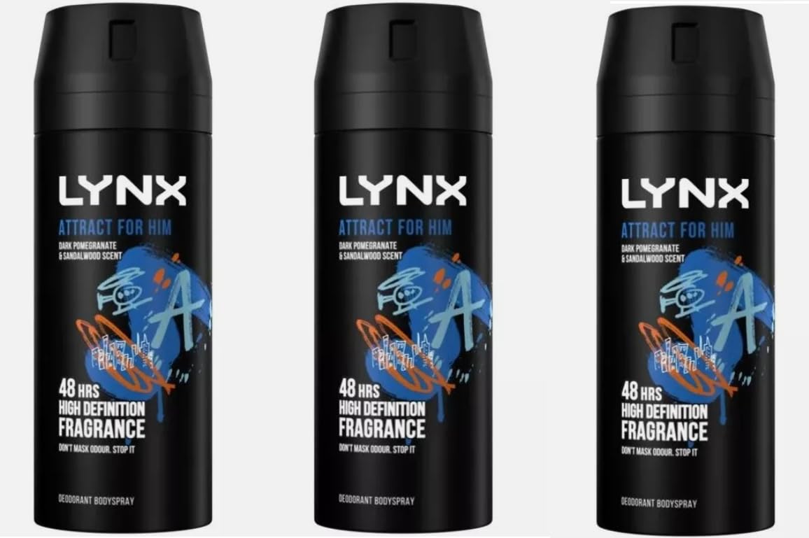 Lynx Attract For Him, Mens Fragrance, Masculine Body Spray Deodorant, Fresh And Long Lasting Odour Protection Aerosol, Large Pack (3 x 150ml)