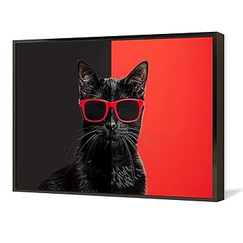 Amazon.co.jp: 絵画 黒と赤の継ぎ合わせた背景に黒猫 アート