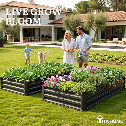 YITAHOME 6x3x1ft 2pcs Large Raised Garden Bed Kit, Galvanized Metal Planter Box with Gloves, Ground Nails, Support Rod, Outdoor Above Ground Planters for Plants Vegetables Flowers, Black by YITAHOME - Used condition - Image 3
