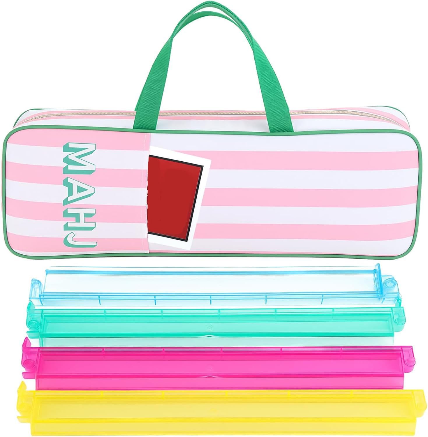 Mahjong Racks and Pushers Set of 4 with Stylish Striped Carrying Case Fits Up to 8 Racks Portable Mahjong Accessories Organizer Bag for Travel and Social Club
