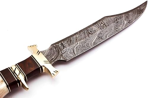 Miniatura 2 de Cuchillo de caza de acero de Damasco con mango de asta de ciervo con madera de Burl y protector de latón, hoja de fijación de borde afilado hecho a
