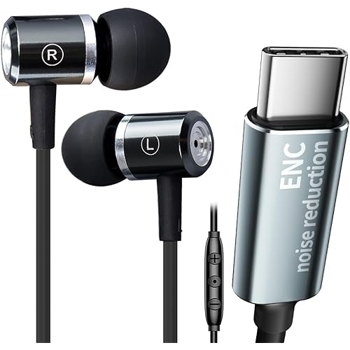 Heavy bass ENC Noise cancelling Wired Earbuds USB C - Microphone Call Noise Cancellation, Noise-Isolating In-Ear Type C wired Headphones with DAC High Fidelity Deep bass, Metal-Cased Durable Wires