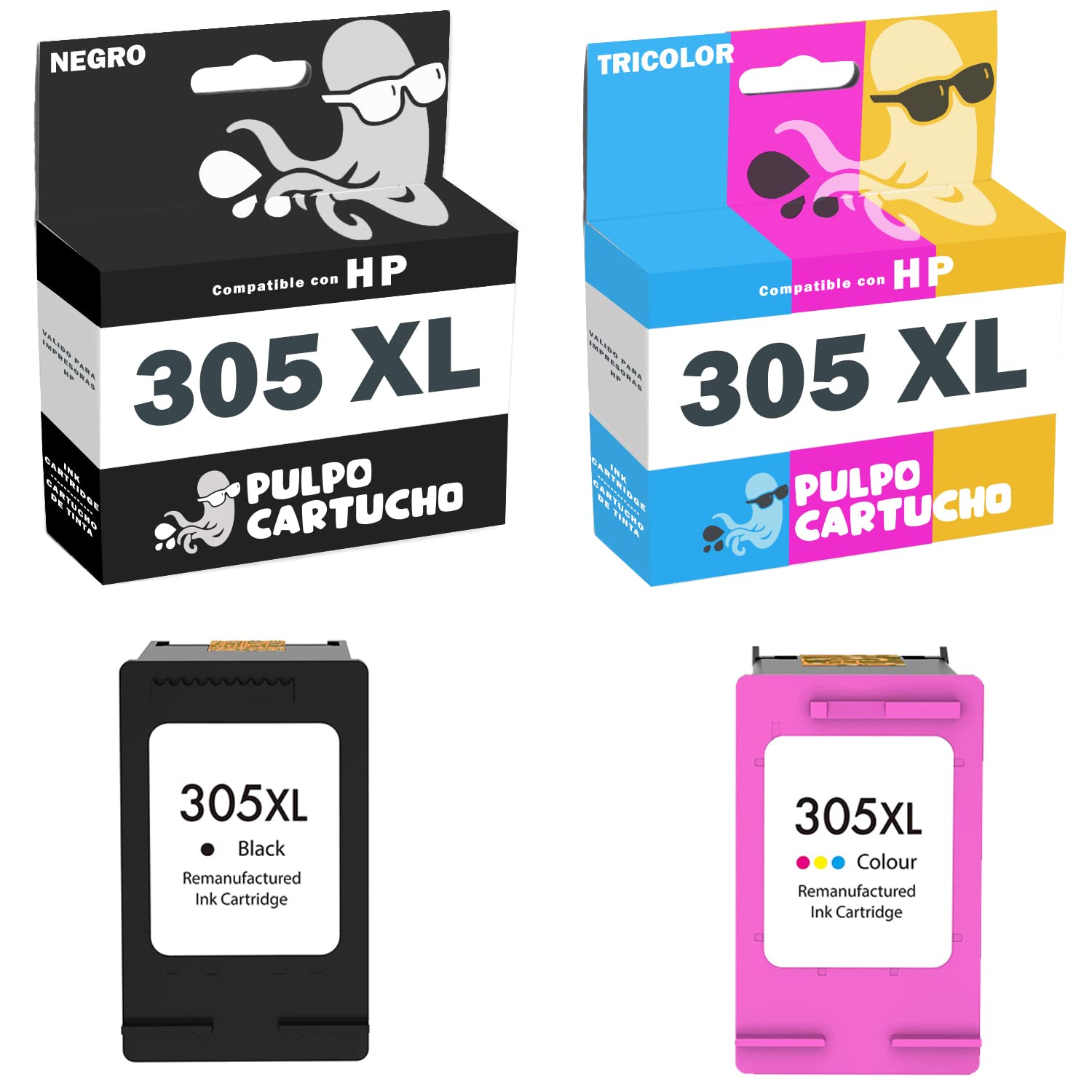 Pulpo Cartucho - Ink Cartridge 305 XL Pack 2 Compatible with HP 305 XL/Ref. 3YM62AE / 3YM63AE - Pack 2 - XL - High Capacity - Suitable for DeskJet/DeskJet Plus/Envy/Envy Pro Printers