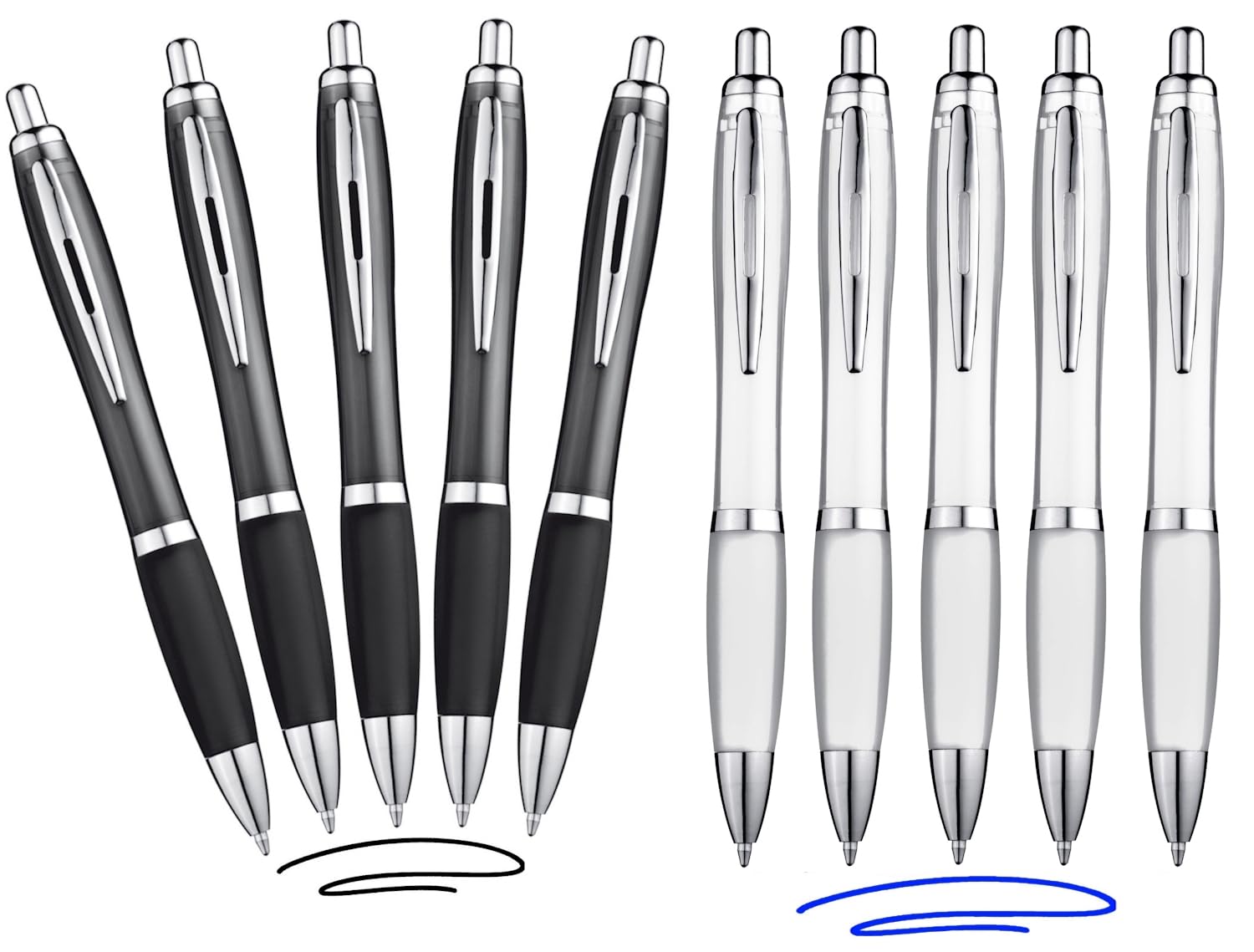 Libetui Set of 10 Ergonomic Ballpoint Pens: 5 x Blue and 5 x Black Ink Non-Slip Grip Zone Large Capacity Black White Retractable Ballpoint Pen Blue Writing & Black Writing