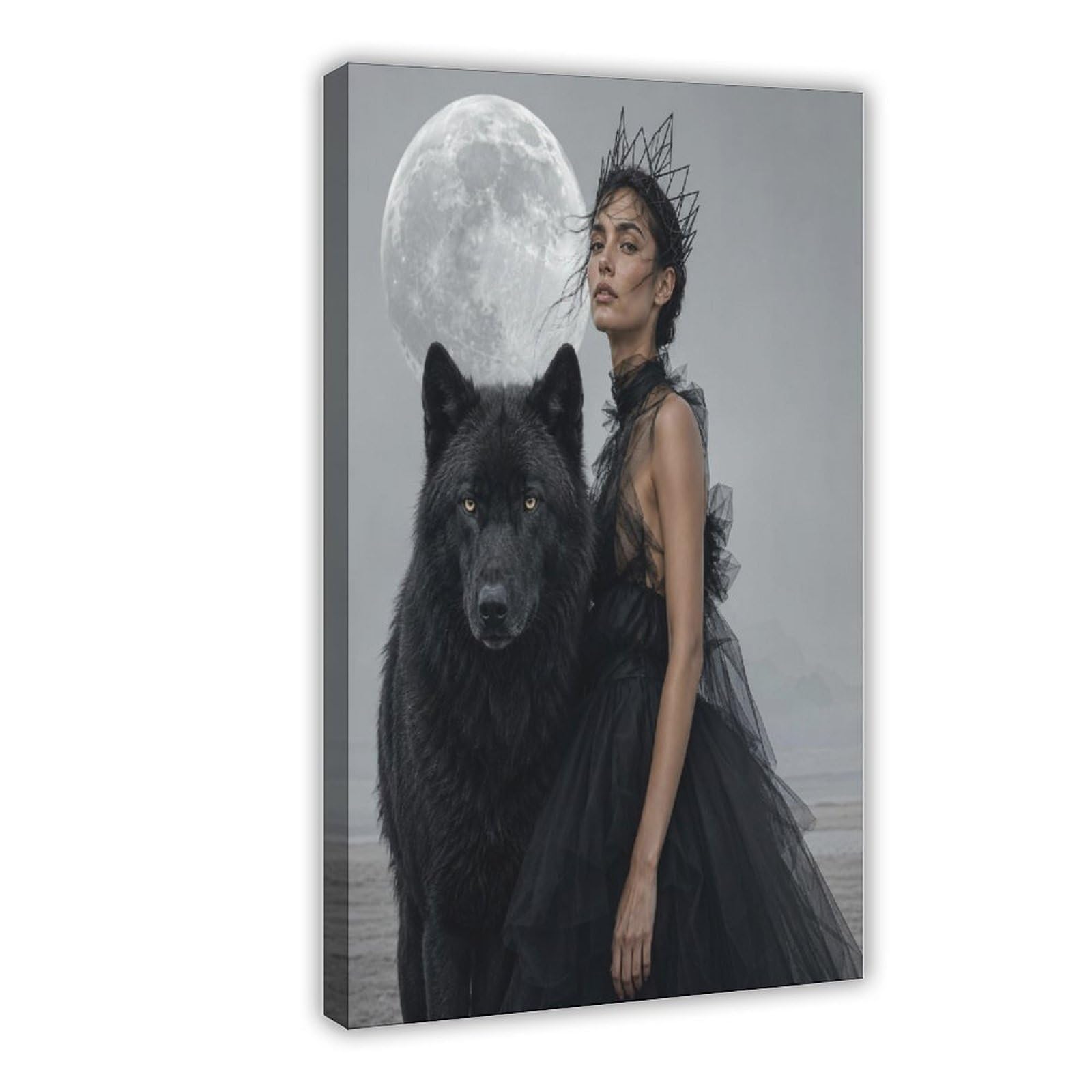 W7c8u2x3 Frame-Style-24 Woman With Black Wolf Canvas Wall Art, Moonlit Stage Studio
