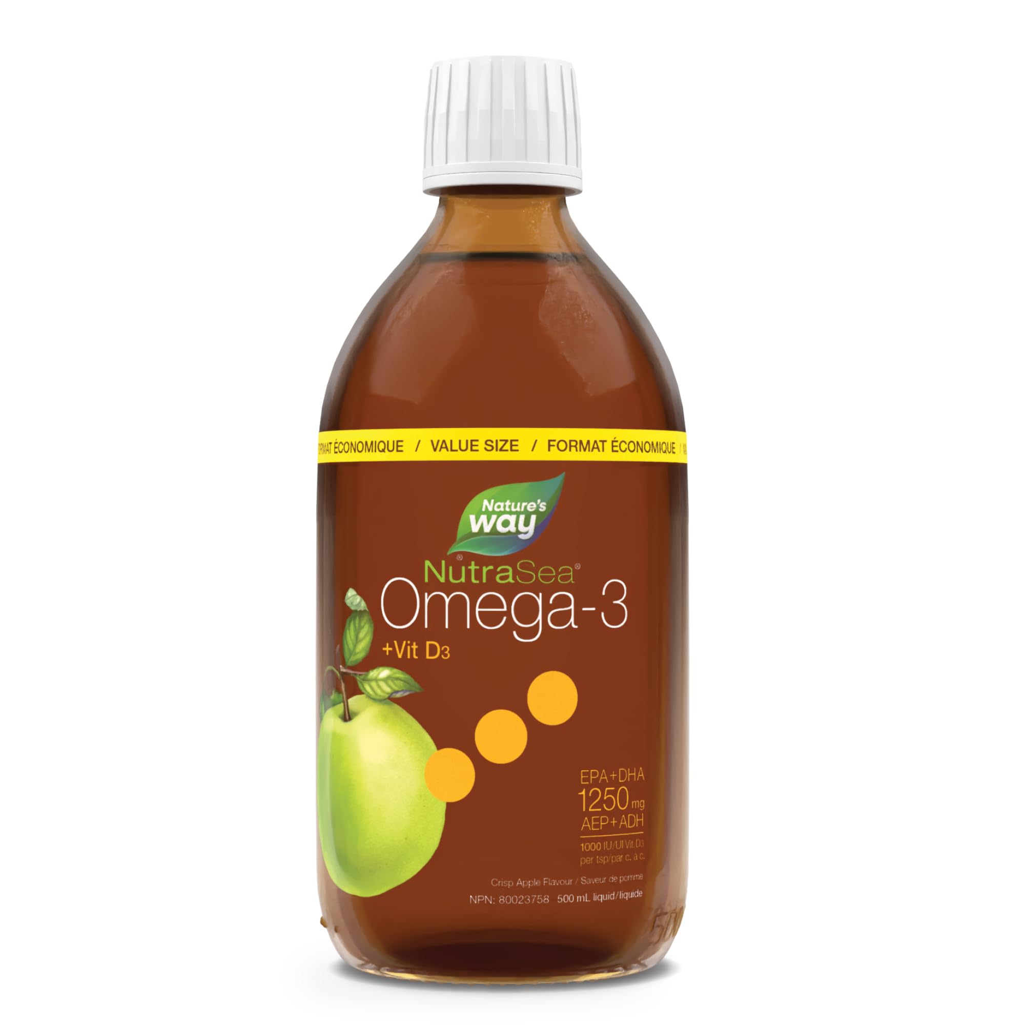 Nature's Way NutraSea Omega-3 and Vitamin D Supplement - Fish Oil with EPA and DHA – Support Healthy Heart and Brain, Help Build Strong Bones and Teeth & Help Support Immune System – Crisp Apple Flavour, 500 ml Liquid, Value Size
