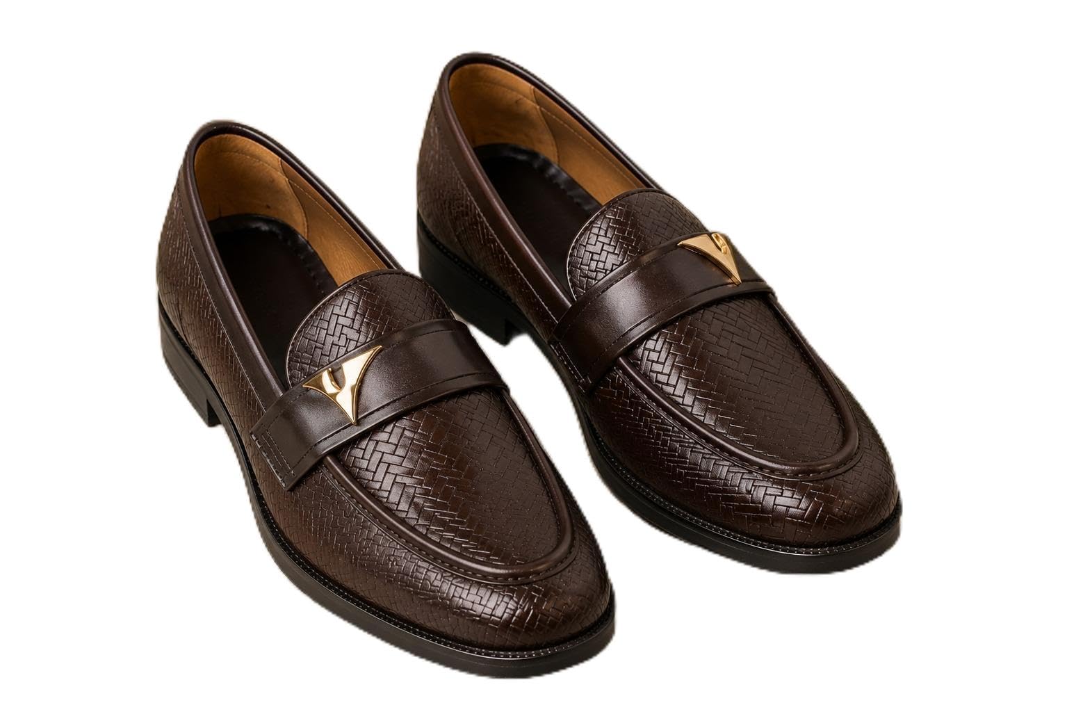 Men's Brown Textured Formal Loafers, Slip-On Penny Loafers with Metal Buckle, Comfortable Faux Leather Office Dress Shoes for Business, Wedding-picture-38