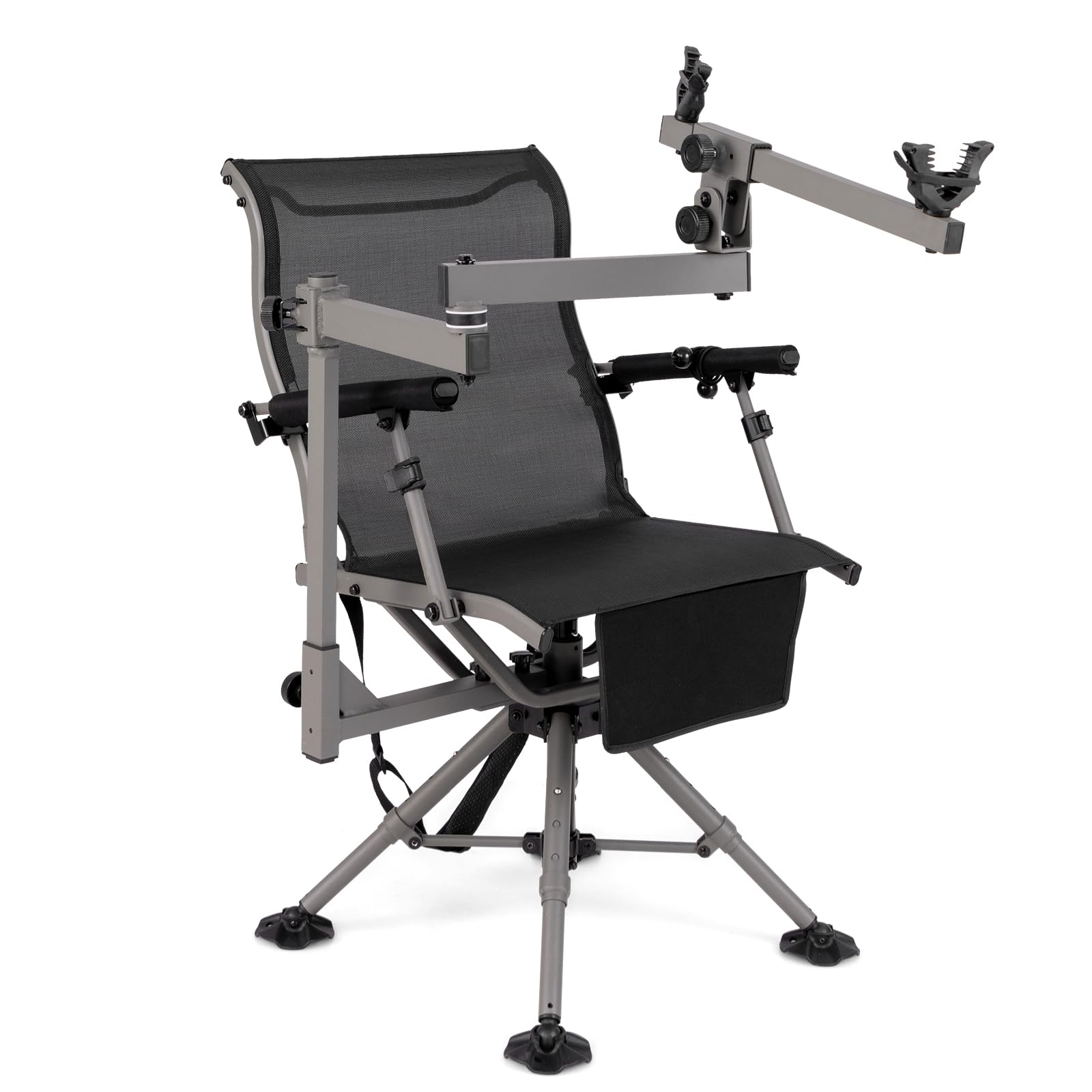 KOMFOTTEU Silla de Caza Giratoria 360°, Silla Plegable de Exterior con Soporte para Rifle Ajustable y Patas Ajustables, Asiento de Francotirador con Bolsillo de Transporte, Carga 150 kg (Modelo II)