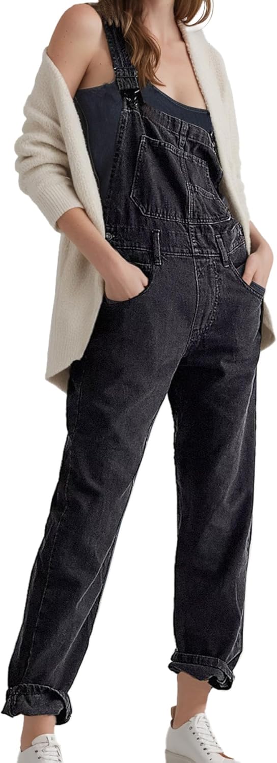 Ziggy Denim Bib Overalls Women Adjustable Jeans Jumpsuit Casual Stretch Loose Fit Casual Stretch Pants with Pockets(Faded-black,XS)
