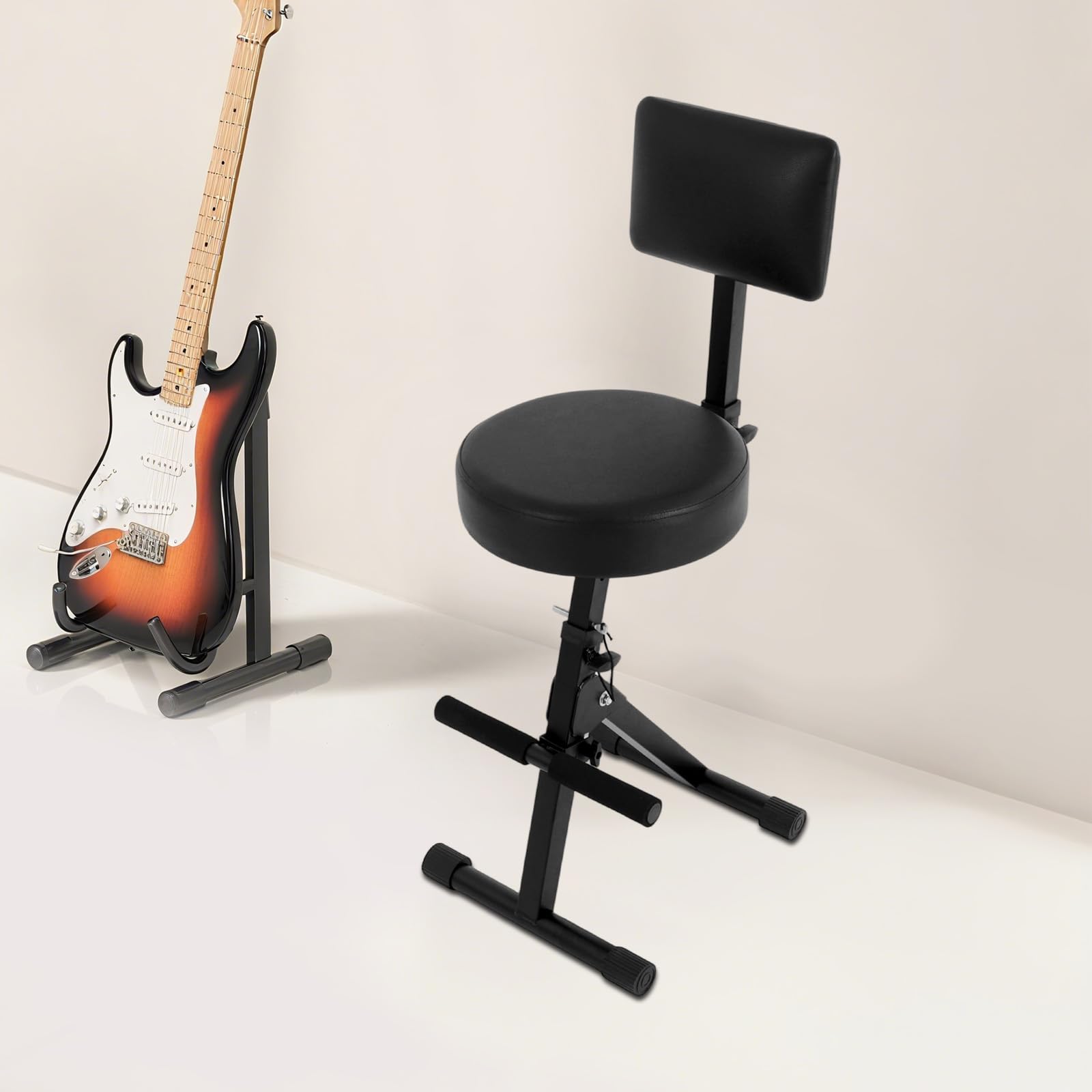 Sgabello per chitarra con schienale in metallo, regolabile in altezza, portatile, per adulti, batteristi e chitarristi, fino a 100 kg