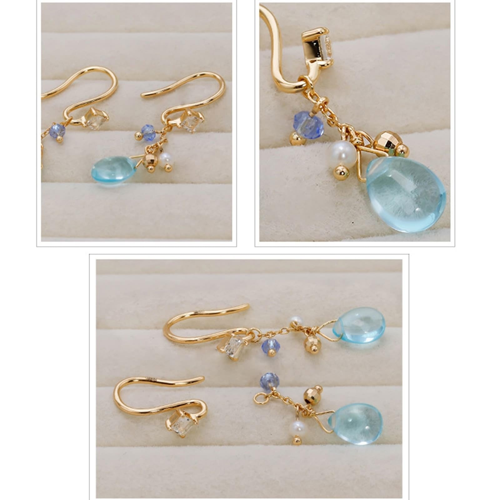 9K/14K/18K złote kolczyki z kropli niebieski topaz, klasyczne żółte złoto Au 375/585/750 prawdziwe kolczyki z perłą