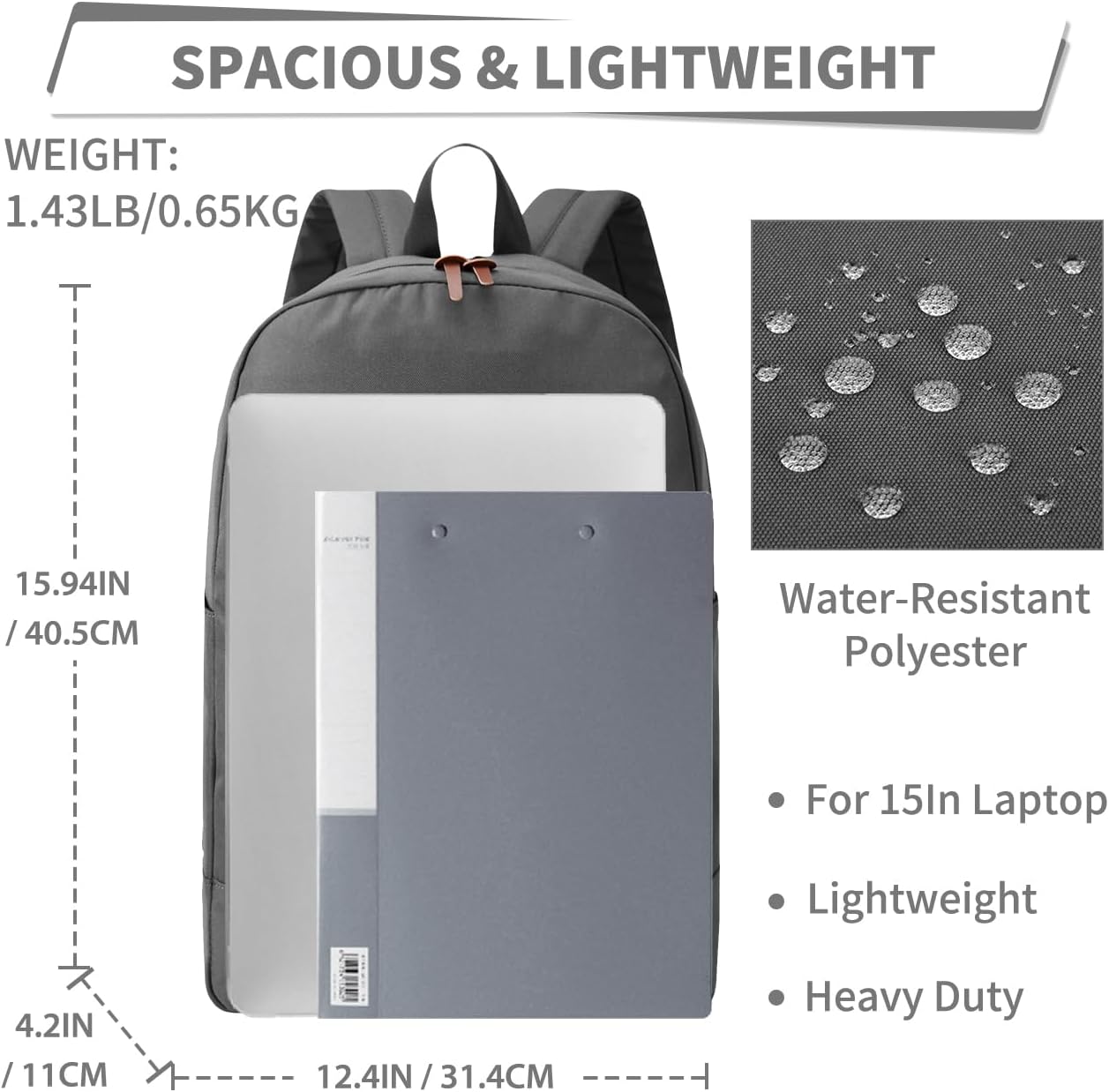 VASCHY School Backpack, Unisex Slim Lightweight Water-resistant Backpack for Men Women College Schoolbag Travel Bookbag