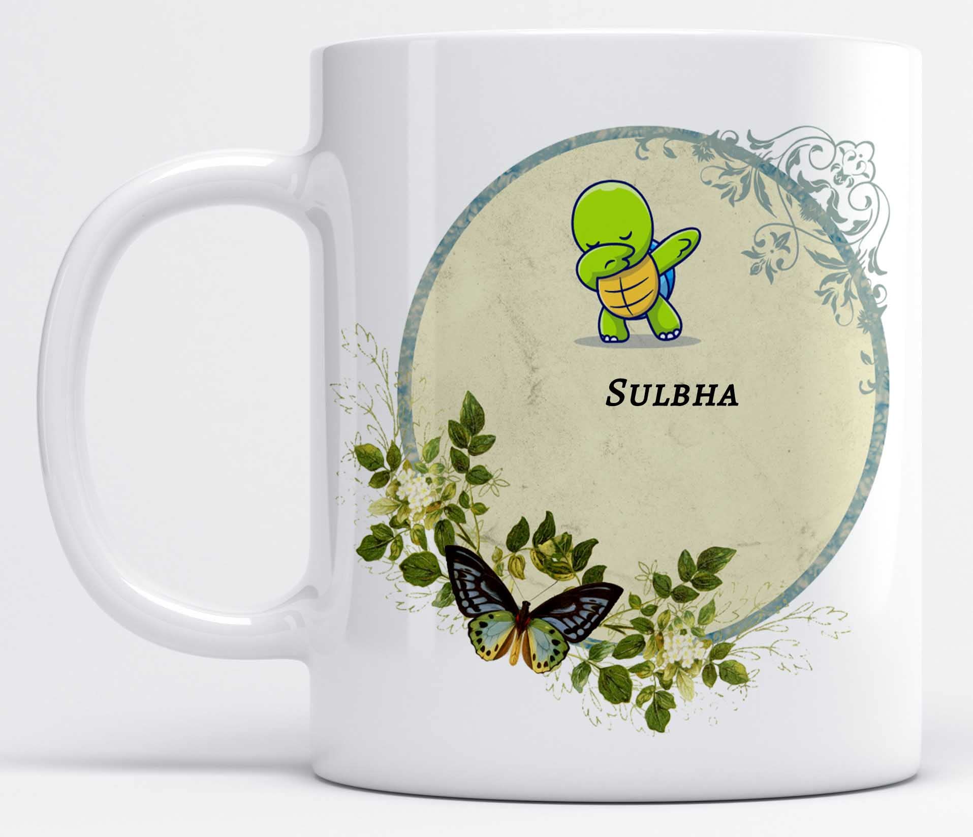 LOROFY Name Sulbha Printed Cute Floral Turtle Design White Ceramic Coffee Mug (350ML)