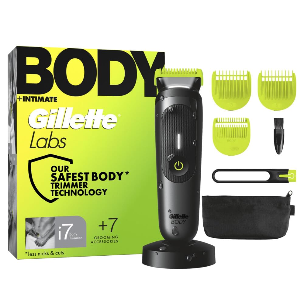 Gillette Labs i7 Trimmer per corpo e zona intima, da uomo, con tecnologia SkinFirst, tosaerba impermeabile, luce LED per visibilità, 3 accessori di taglio di precisione e base di ricarica