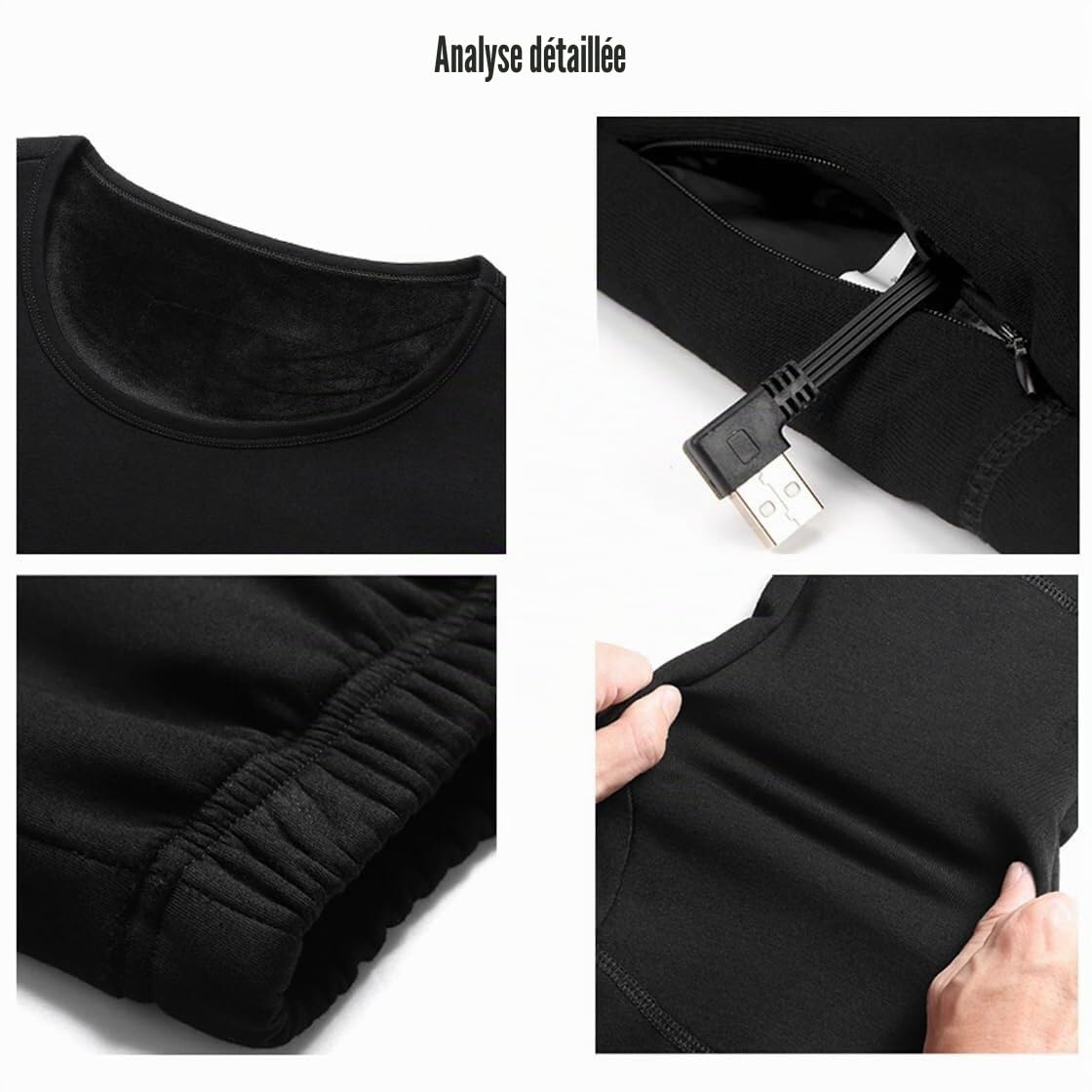 Sous-vêtements thermiques chauffants pour homme - 28 zones - USB - Col rond - Couleur unie - Pour moto, chasse, camping