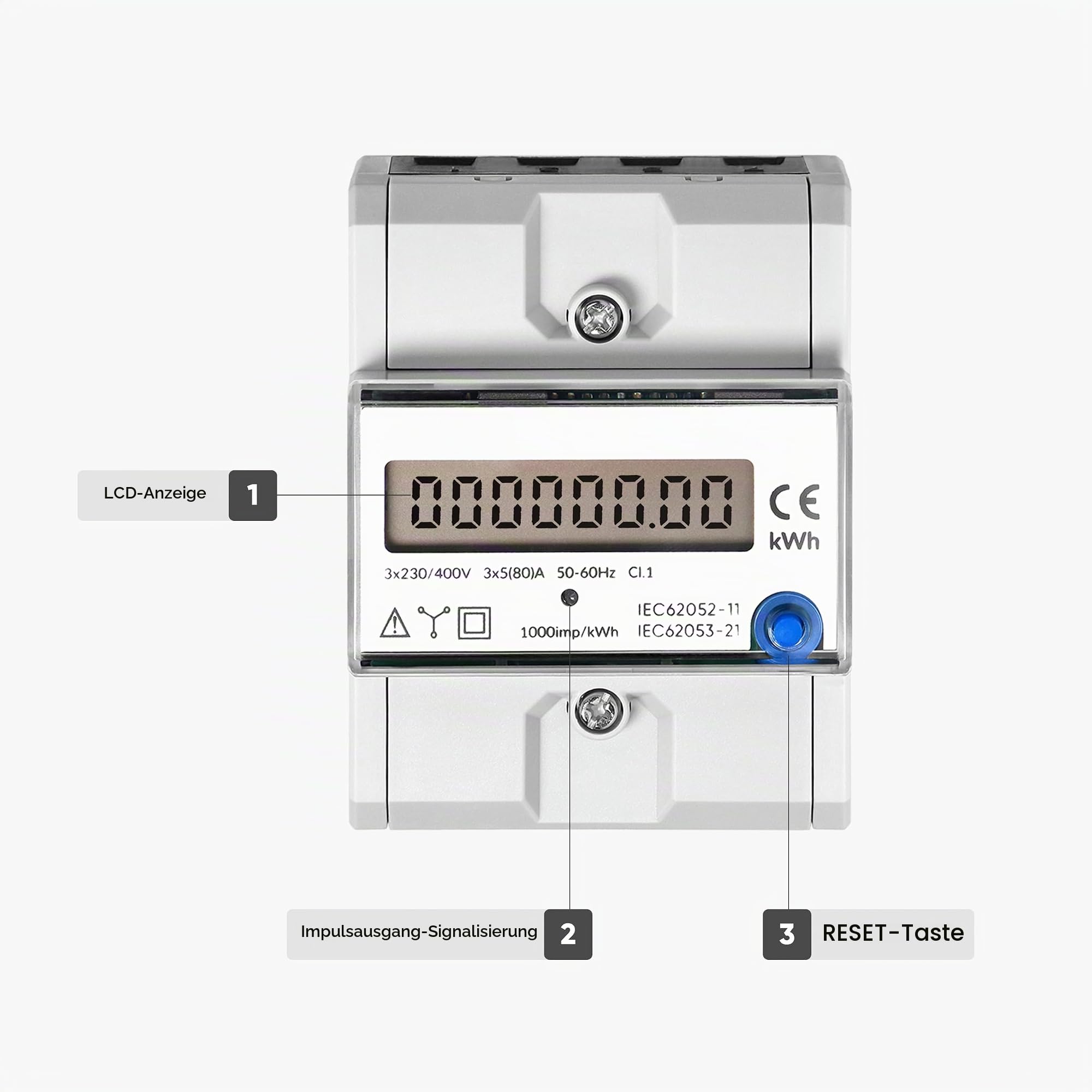 Stromzähler 3 Phasen Mit Zusätzlicher Anzeige -Drehstromzähler - Impulsausgang 80A - RESET-Taste - DIN TH-35mm