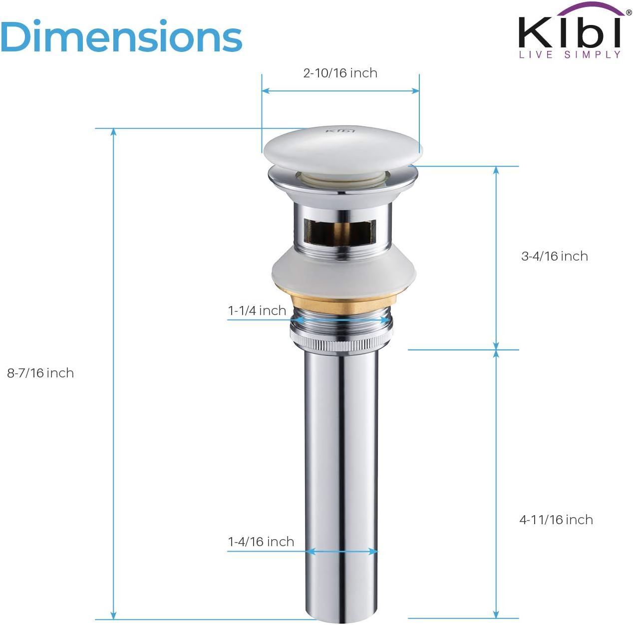 KIBI Bathroom Sink Pop-Up Drain with Overflow | Small Cover Design Vanity Drain Stopper for Lavatory Sinks | Durable Solid Brass Construction, Corrosion-Resistant Finish (Ceramic White, KPW100)