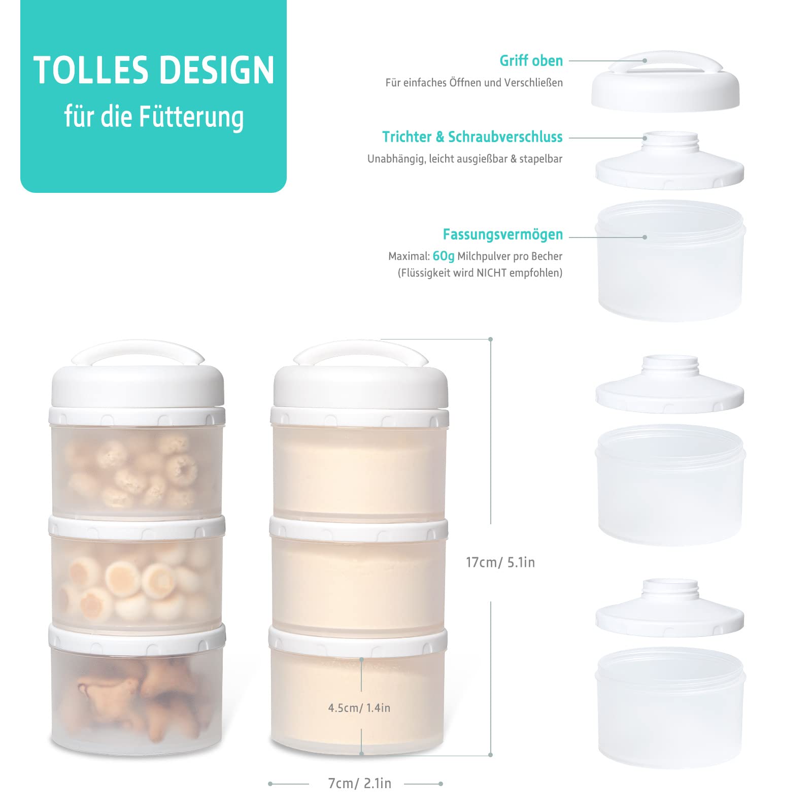 Termichy Latte in polvere per bambini, impilabile, contenitore per latte in polvere, 2 pezzi (bianco)