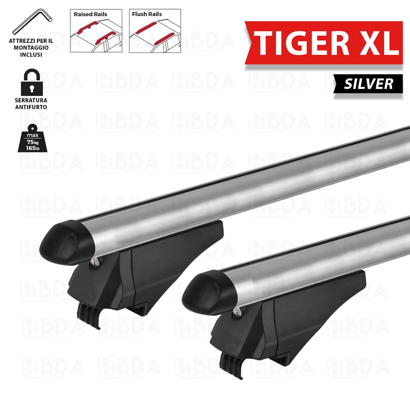 Barre da tetto per veicoli con rails integrati Modello TIGER in alluminio Silver alta qualità Menabo 000084900000/000085000000 (TIGER XL (130cm))