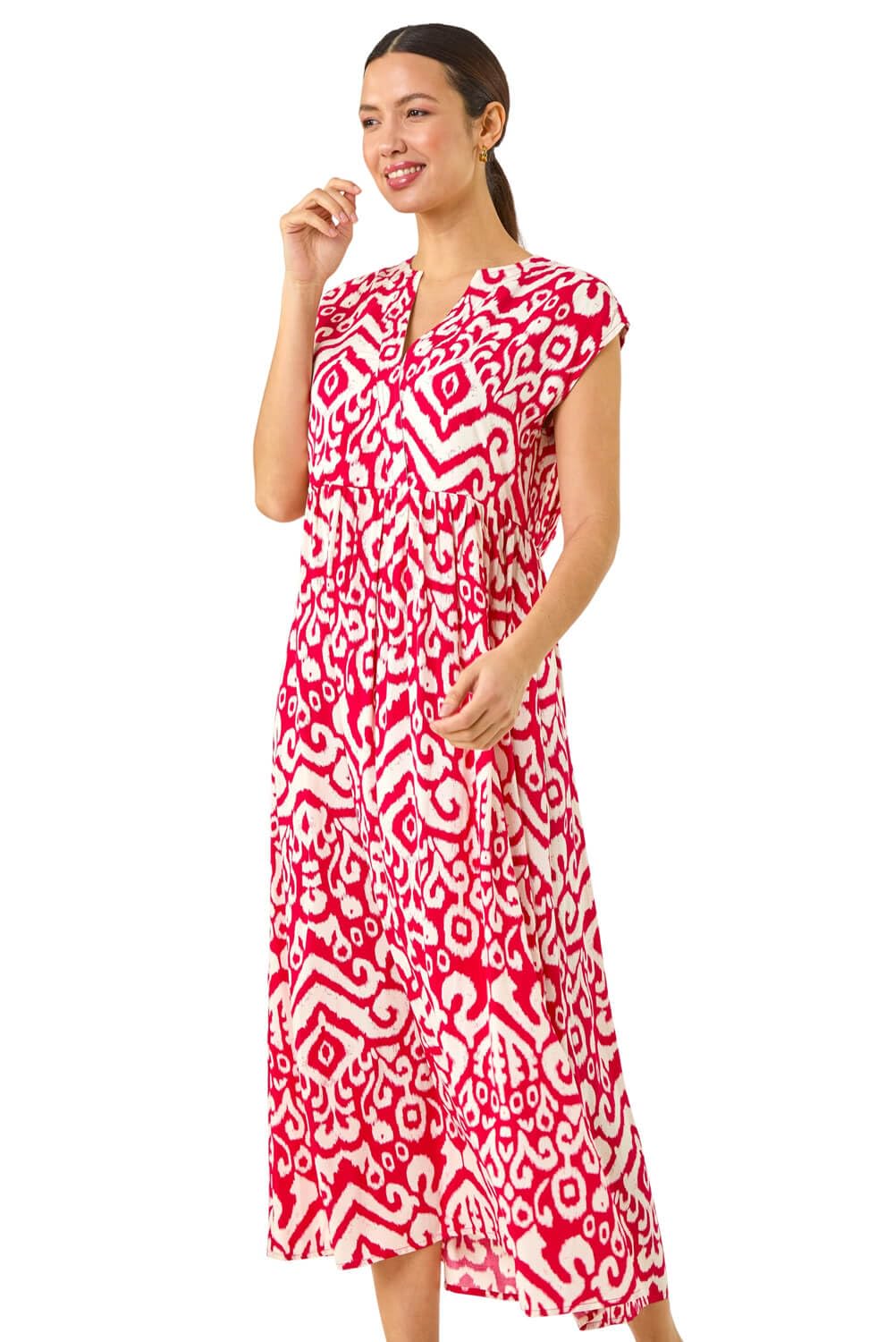Roman Aztec Print Midi Smock Dress for Women UK - Ladies Spring Everyday Summer Holiday V-Neckline Comfy Sleeveless Soft Frill Hem Frock Vacation Gowns - Fuchsia - Size 12