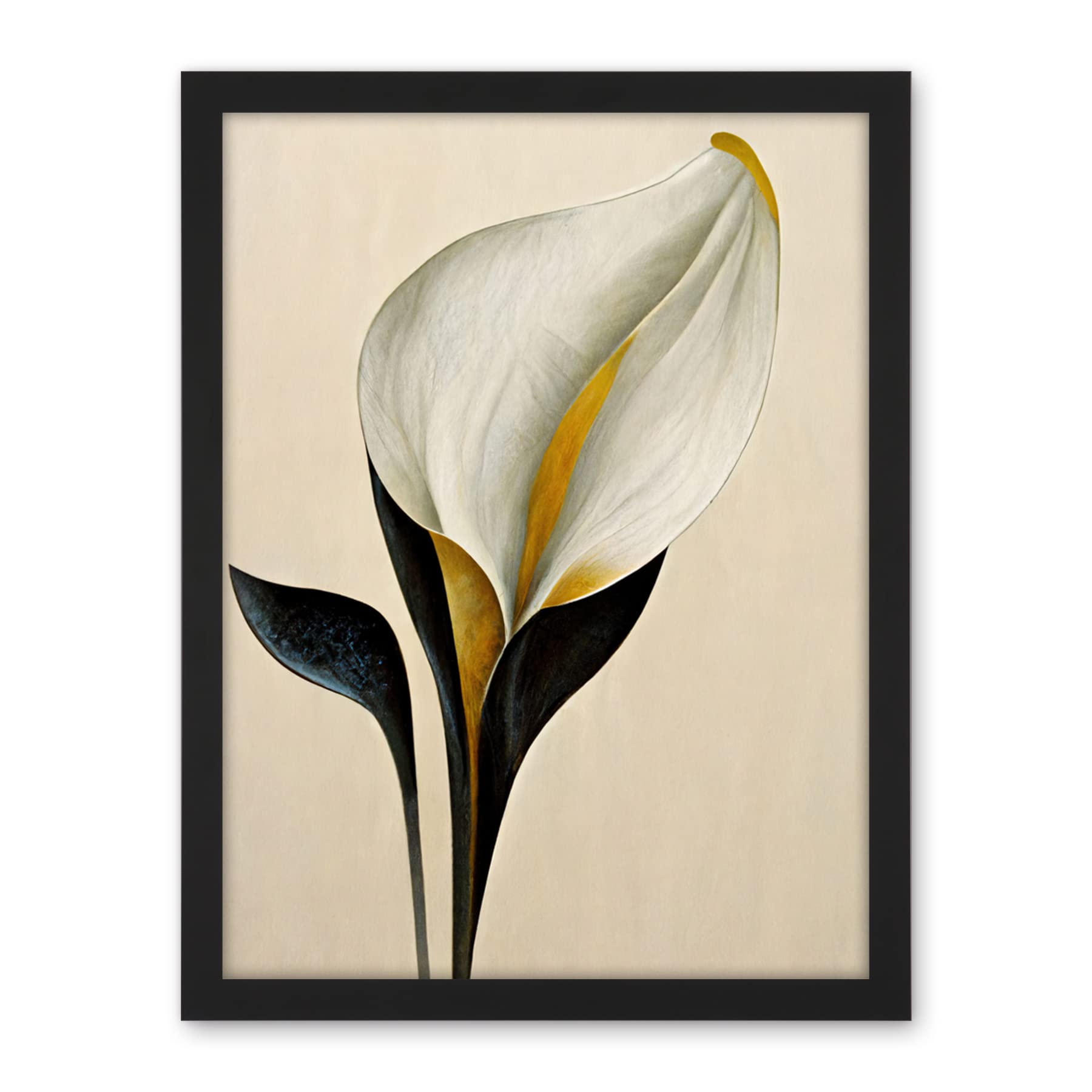Wee Blue Coo Elegant Modern Calla Lily Black Gold Beige Artwork Framed Wall Art Print 18X24 Inch