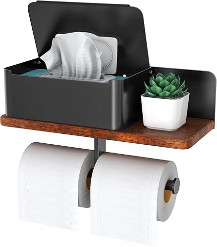 Miniatura 1 de Soporte de papel higiénico con estante de doble rollo con dispensador de toallitas para baño, rollo de papel de seda de metal y madera maciza,