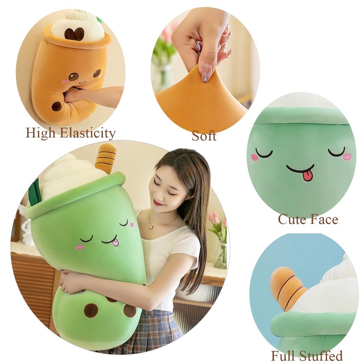 Bubble Tea Kuscheltier,Boba Stofftier Plüschkissen Spielzeug Weiches Umarmungskissen Geschenk für Kinder Mädchen Jungen(Grün-Schielende Augen,50cm)