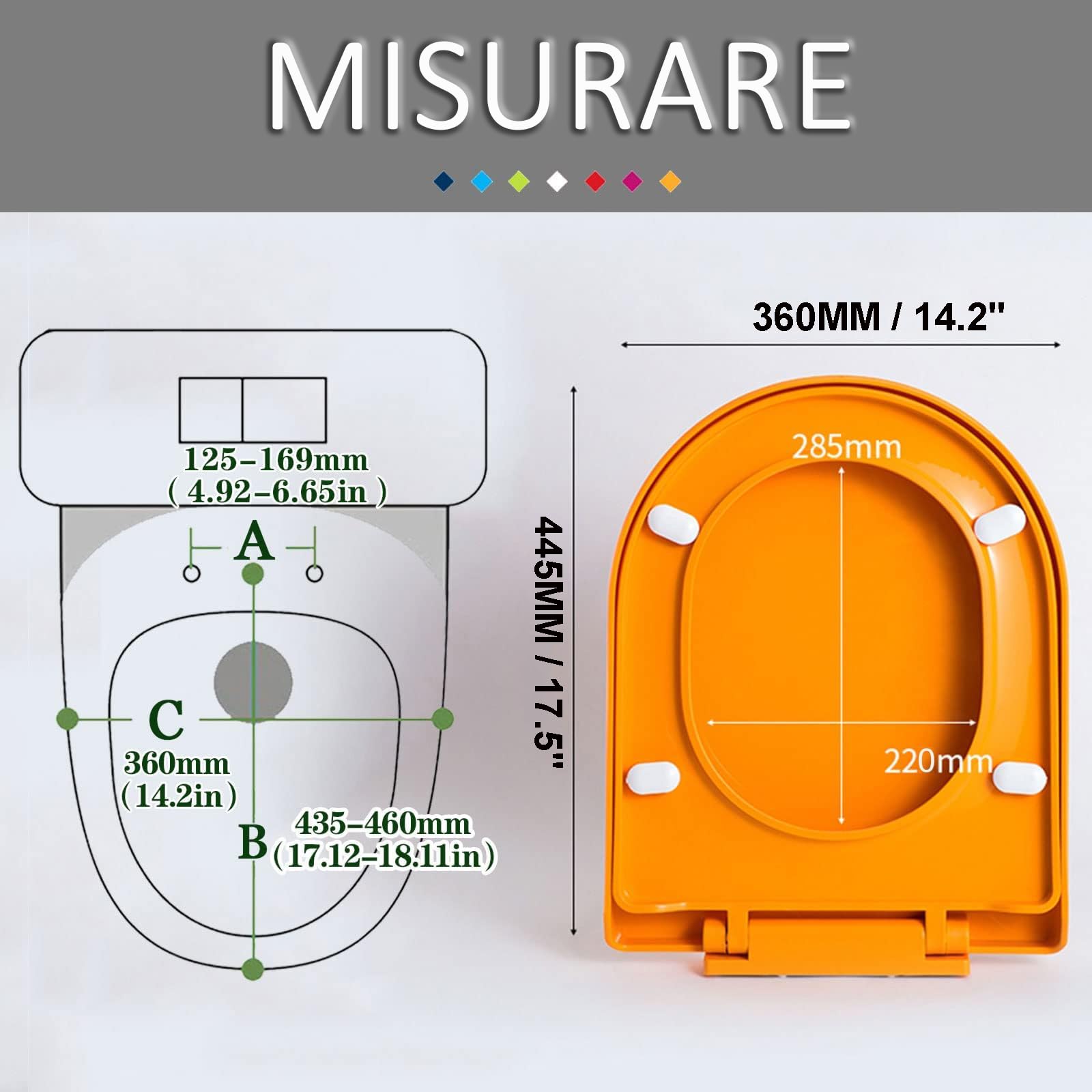 Sedile WC con Chiusura Ammortizzata, Coperchio WC Arancione, Copriwater Universali con Sgancio Rapido per Facile da Montare e Pulire, Tavoletta WC Forma di D/U in PP, 44.5x36cm