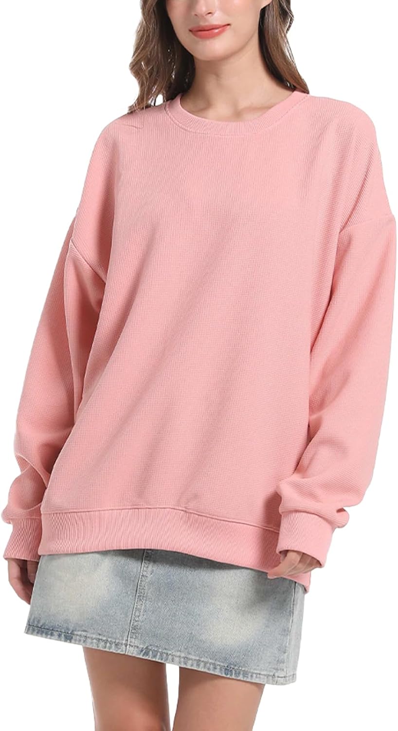 Sweatshirt for Womens Pullover Crew Neck Long Sleeve Waffle Knit Shirt Tops Fit Soft Outfits Casual Lightweight - Image 2