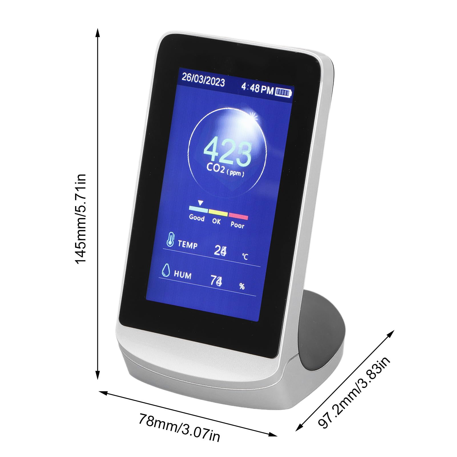 Monitor de Calidad del Aire CO2 WiFi 3 en 1 Dióxido de Carbono Humedad Temperatura Probador de Aire Sensor infrarrojo NDIR Multifuncional con Pantalla LCD de 4,3 Pulgadas Batería