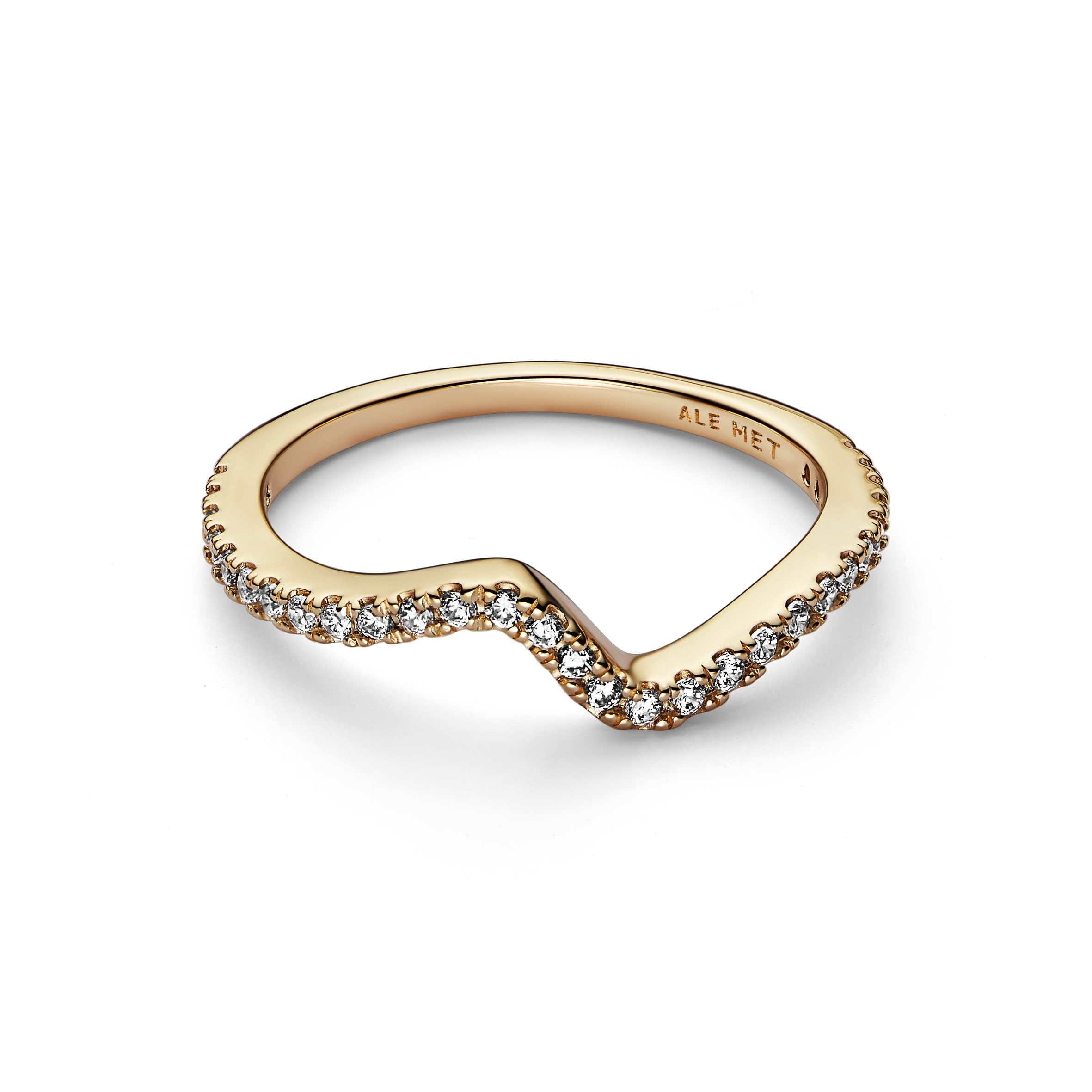 PANDORA Timeless Anillo con diseño de onda chapado en oro de 14 quilates con circonitas cúbicas transparentes