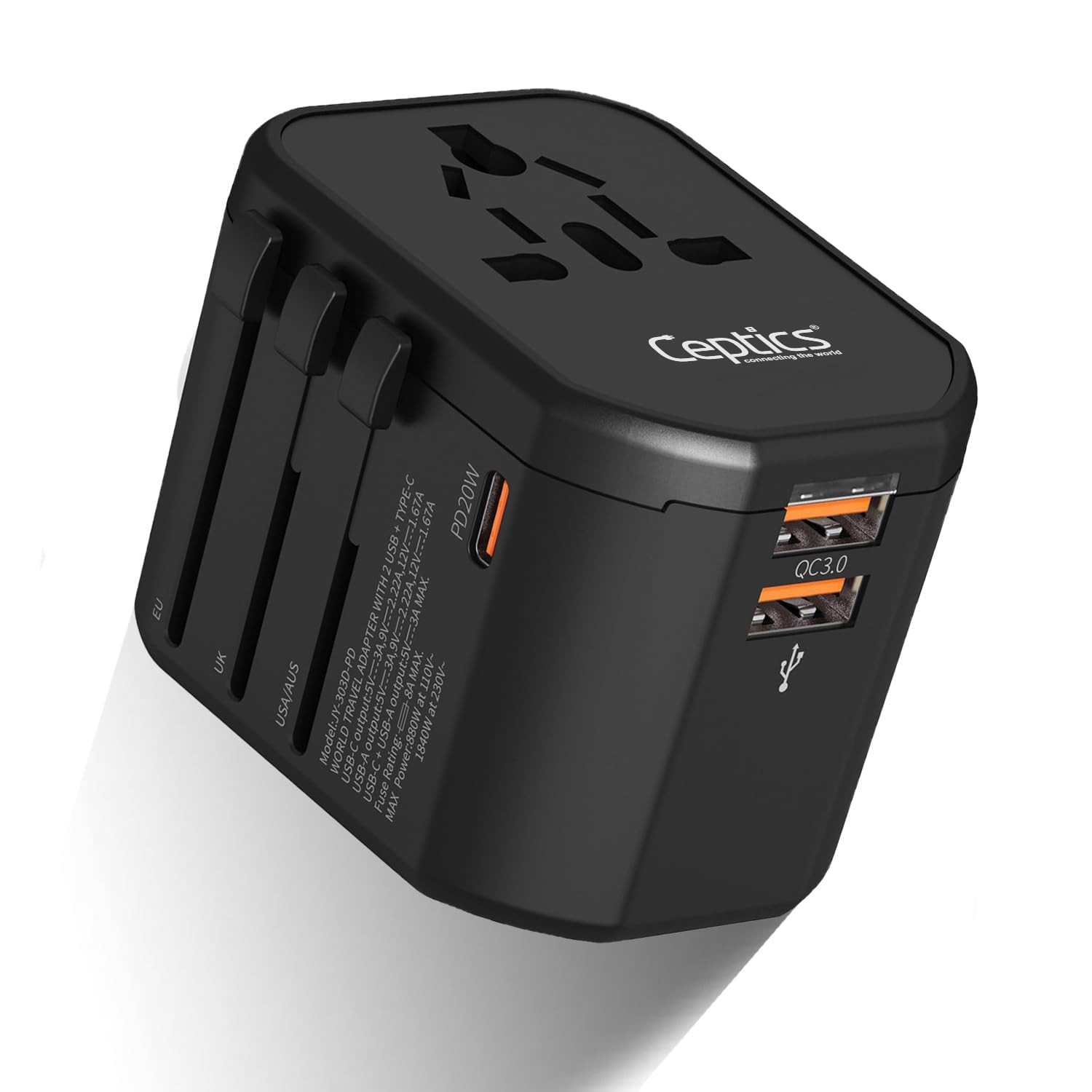 Ceptics 4 in 1 Universal Travel Adapter with Type C - Universal Plug Socket, USB QC 3.0-20W USB-C International Travel Adapter with Lifetime Limited Warranty, Worldwide Travel Adapter, Black (B0CD1VR16W) Amazon Price History, Amazon Price Tracker