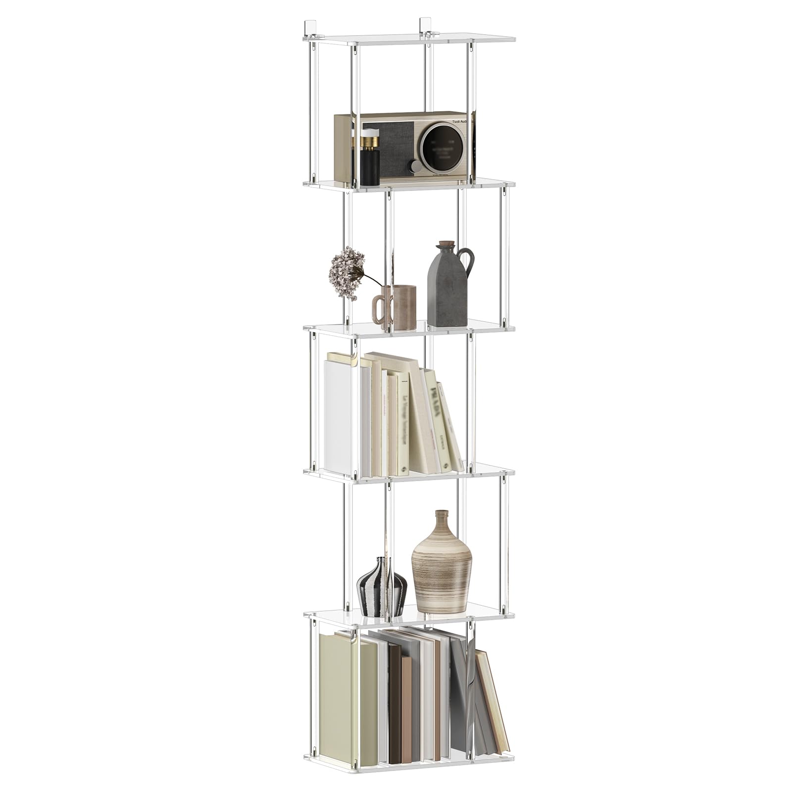 CRTERICX Acrylic Geometric Bookshelf for Small Spaces, 6-Tier Tall Clear S Shaped Bookcase, Modern Open Book Shelf for Living Room, Bedroom, Office,