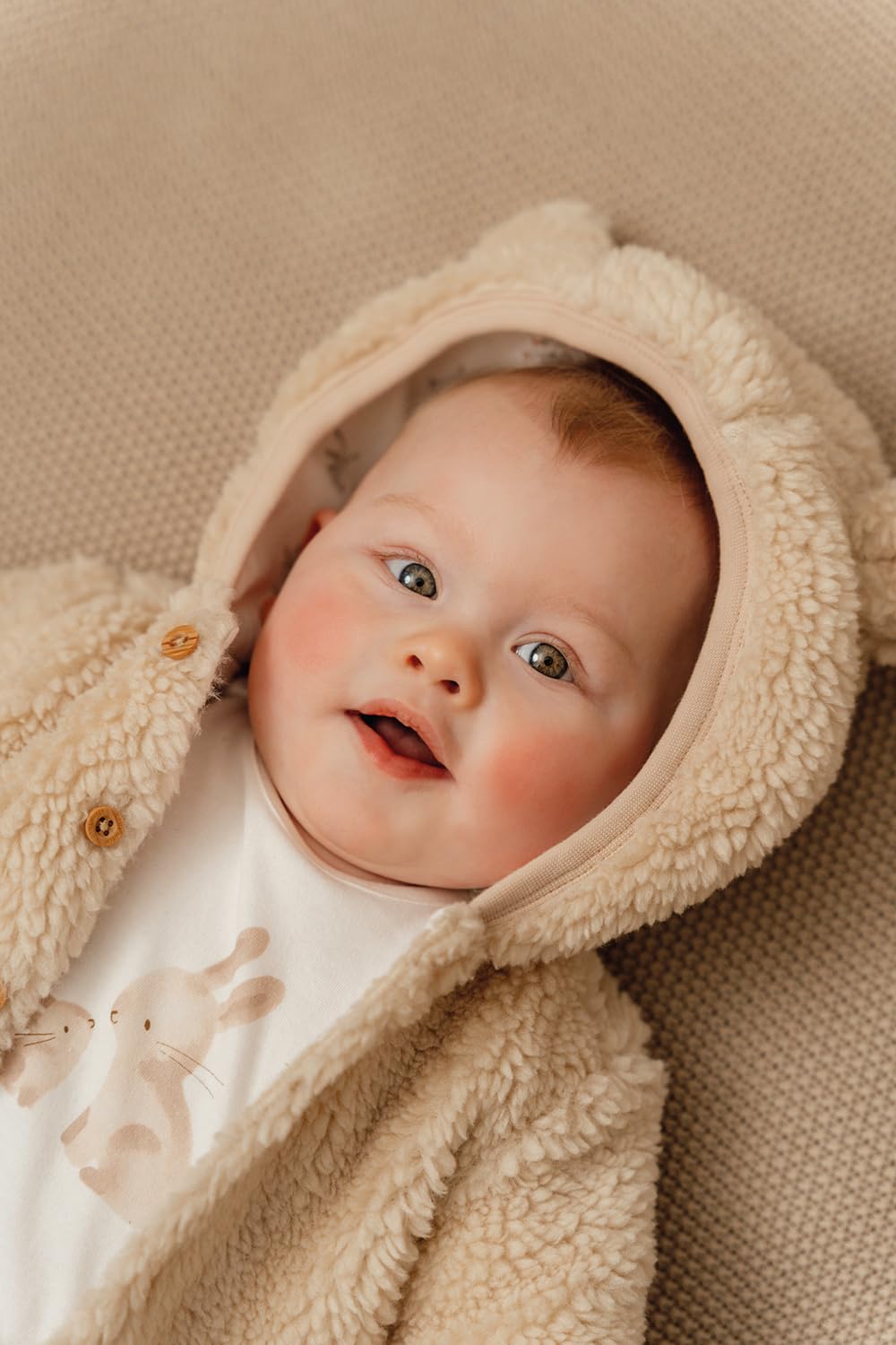 Little Dutch Winterjacke Fleecejacke Teddy Jacke mit Kapuze Ohren Baby (Gr. 80) beige
