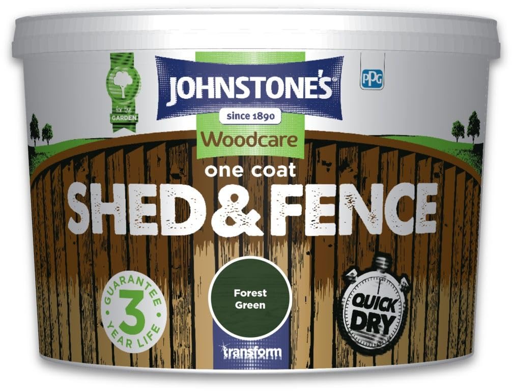 Johnstones Woodcare One Coat Shed & Fence Paint Garden Outdoor Fencing UV Protection Quick Dry 3 Year Life (9L - Forest Green)