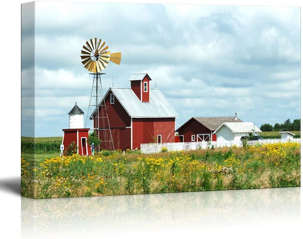 Canvas Prints Wall Art - Beautiful Scenery of Windmill, Barn, Sheds and Fence on a Cloudy Day | Modern Wall Decor/Home Art Stretched Gallery Canvas Wrap Giclee Print & Ready to Hang - 24" x 36"
