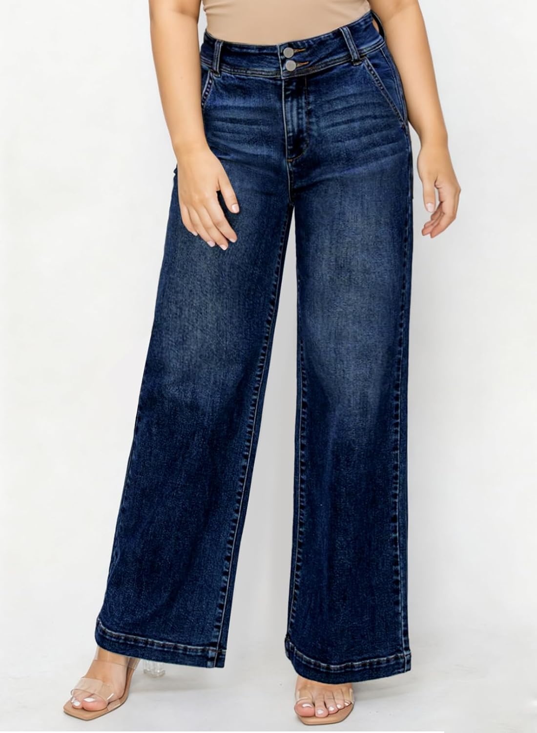 Eytino Women Plus Size Wide Leg Jeans High Waist Stretchy Straight Leg Jean Trendy Baggy Denim Pants with Pockets(1X-5X)
